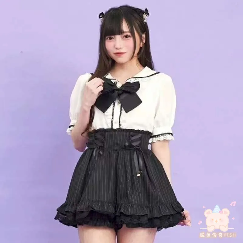 Japanse Mijn Stijl In massa geproduceerde Zoete Veelzijdige Lolita Blouse Schattig Konijn Oor Marine Kraag Boog Korte mouwen Tops Dames Shirts