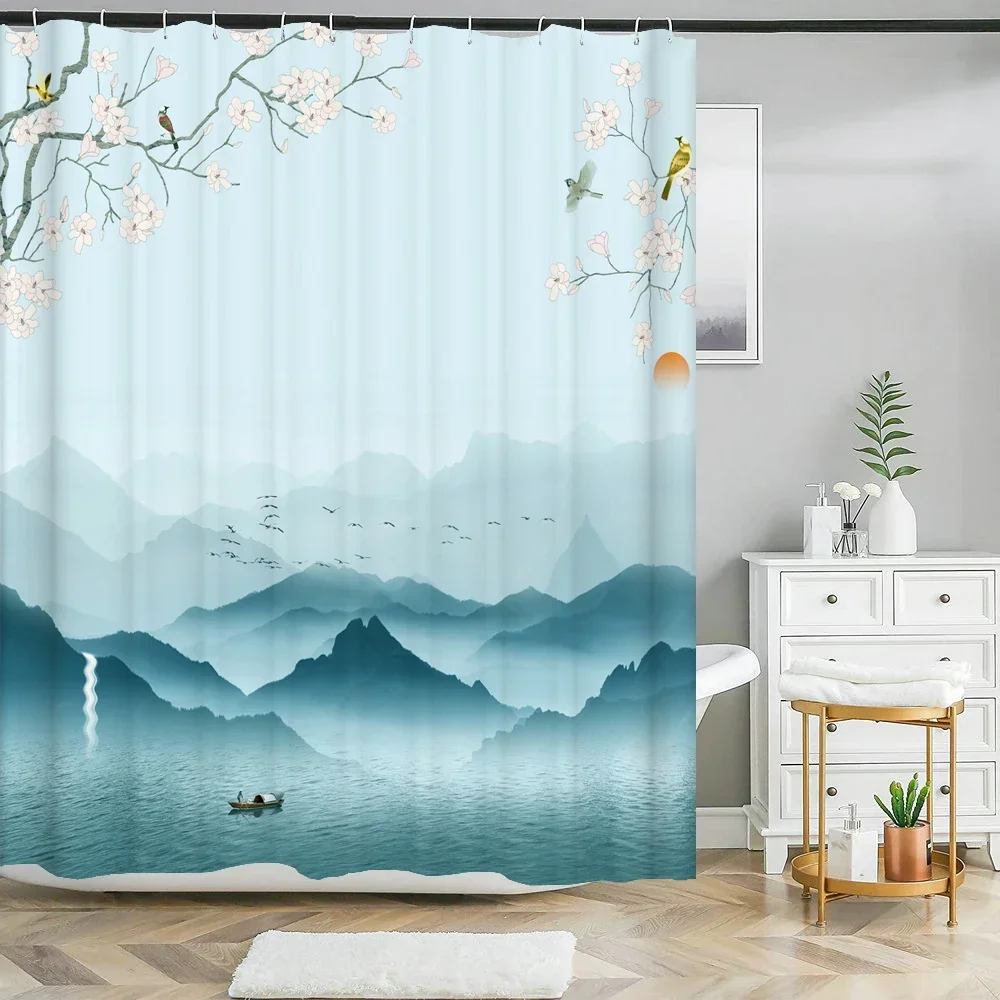 Chinese ink landscape style shower curtain scenic pattern Waterproof Fabric bath curtain washable Bathroom curtains Multi Size