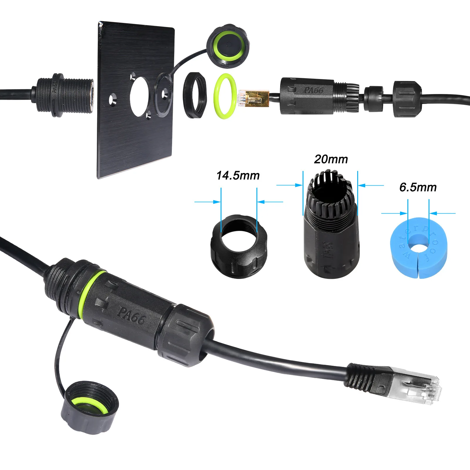 New rj45 panel mount Connector RJ45 CAT6A Ethernet Jack Waterproof connector With network cable 250mm
