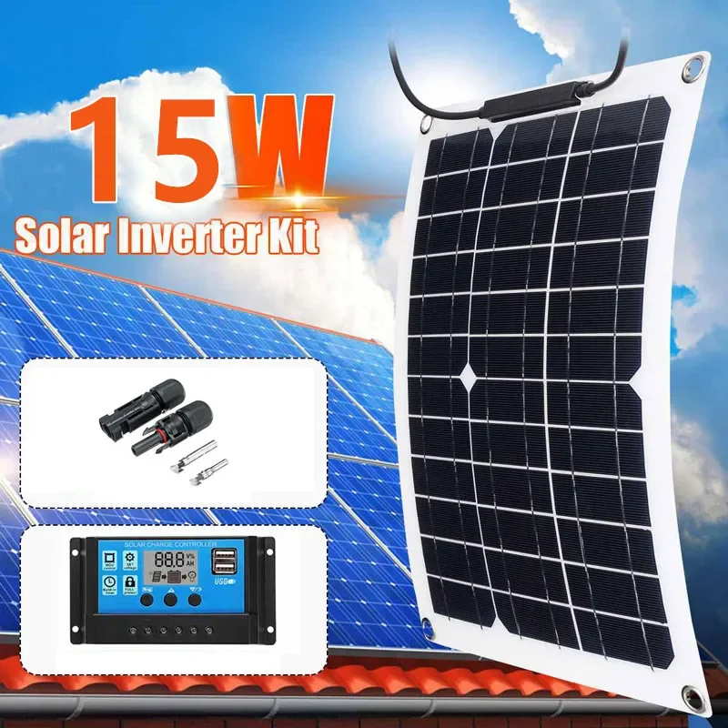 

15W Protable Solar Panel Kit With 10/20/30/60/100A Controller LCD Display Battery Power Bank Charger Board for Outdoor Emergency