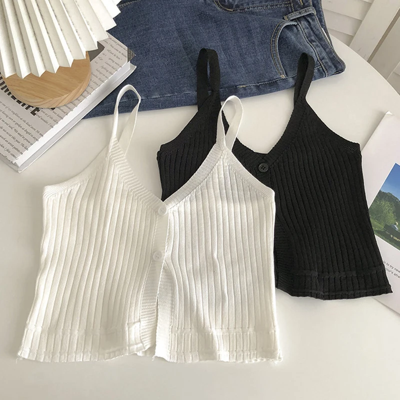 Women's Crop Tank Tops, Spaghetti Strap Sleeveless V-Neck Button-Down Slim Fit Summer Knitted Sling Vest