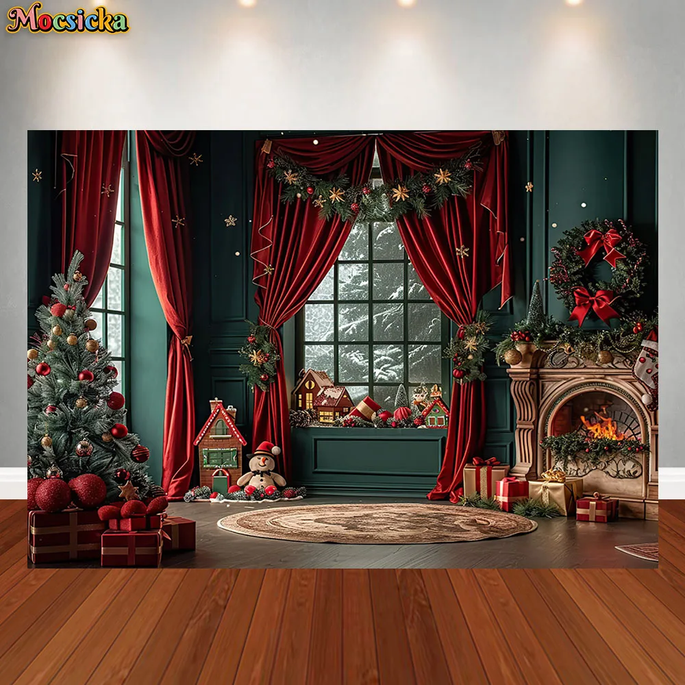 Christmas Room Photography Background Xmas Tree Gifts Windows Holiday Decoration Supplies Kids Portrait Backdrop Studio Props