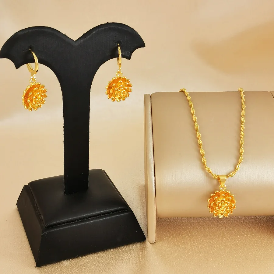 

9999 gold Middle East fashion charm flower petal set - Dubai necklace, girl's earrings, jewelry, party gift