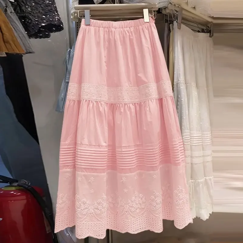 

ZANZEA модные женские длинные юбки с эластичной резинкой на талии Faldas Saia однотонные кружевные макси-юбки 2026 весна осень повседневные элегантные Jupes Femme