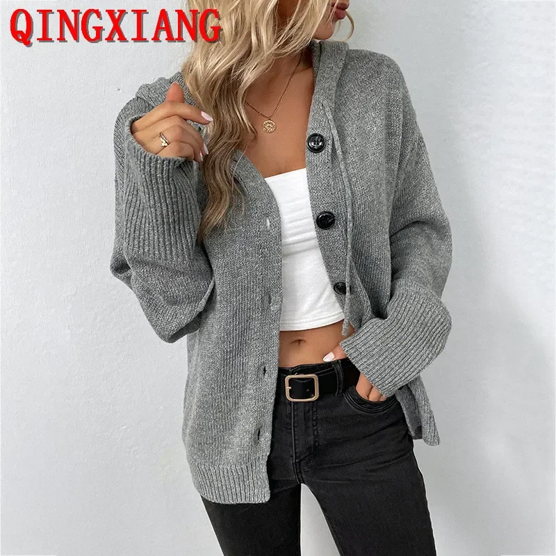 S-XL Black White Grey Autumn Knitted Loose Out Streetwear Women Front Button Cardigan Knitwear Long Sleeves Sweater With Hat