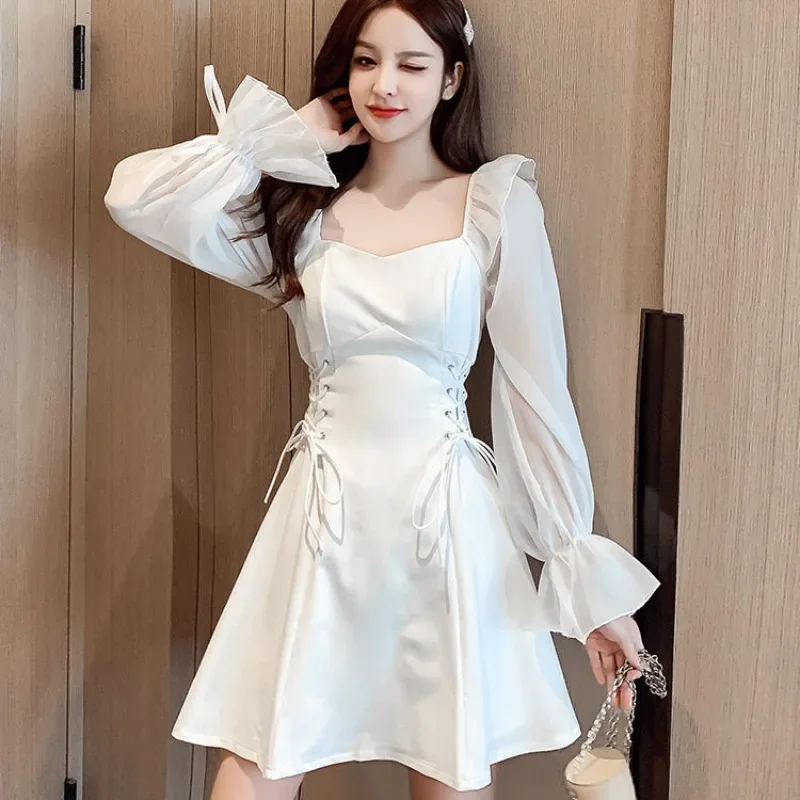 Woman Long Sleeve Dress Chiffon White Dresses for Women Black Sensual Sexy Clothing A Line Loose Trendy Kpop Curvy Elegant Chic