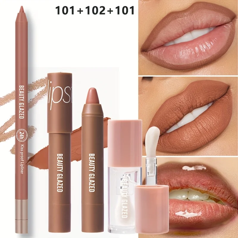 3-teiliges Lipliner-Set, feuchtigkeitsspendender leichter Lipliner und durchscheinende Lipgloss-Kombination, langlebiger, glänzender Lippenfleck-Lippenstift