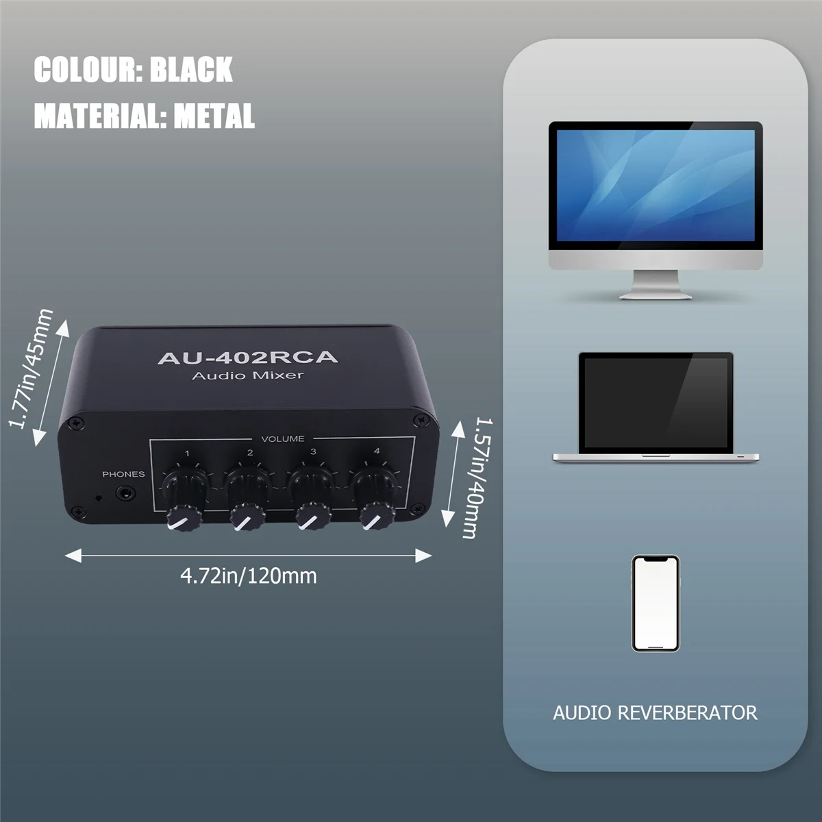 Multi-Source RCA Mixer Stereo Audio Reverberator 4 Eingänge 2 Ausgänge Audio Switch Switcher Treiber Kopfhörer Lautstärkeregler