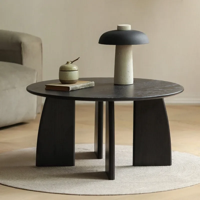 Mesa de centro pequeña de madera maciza negra, mesa de té zen redonda japonesa, redonda de madera de fresno wabi-sabi