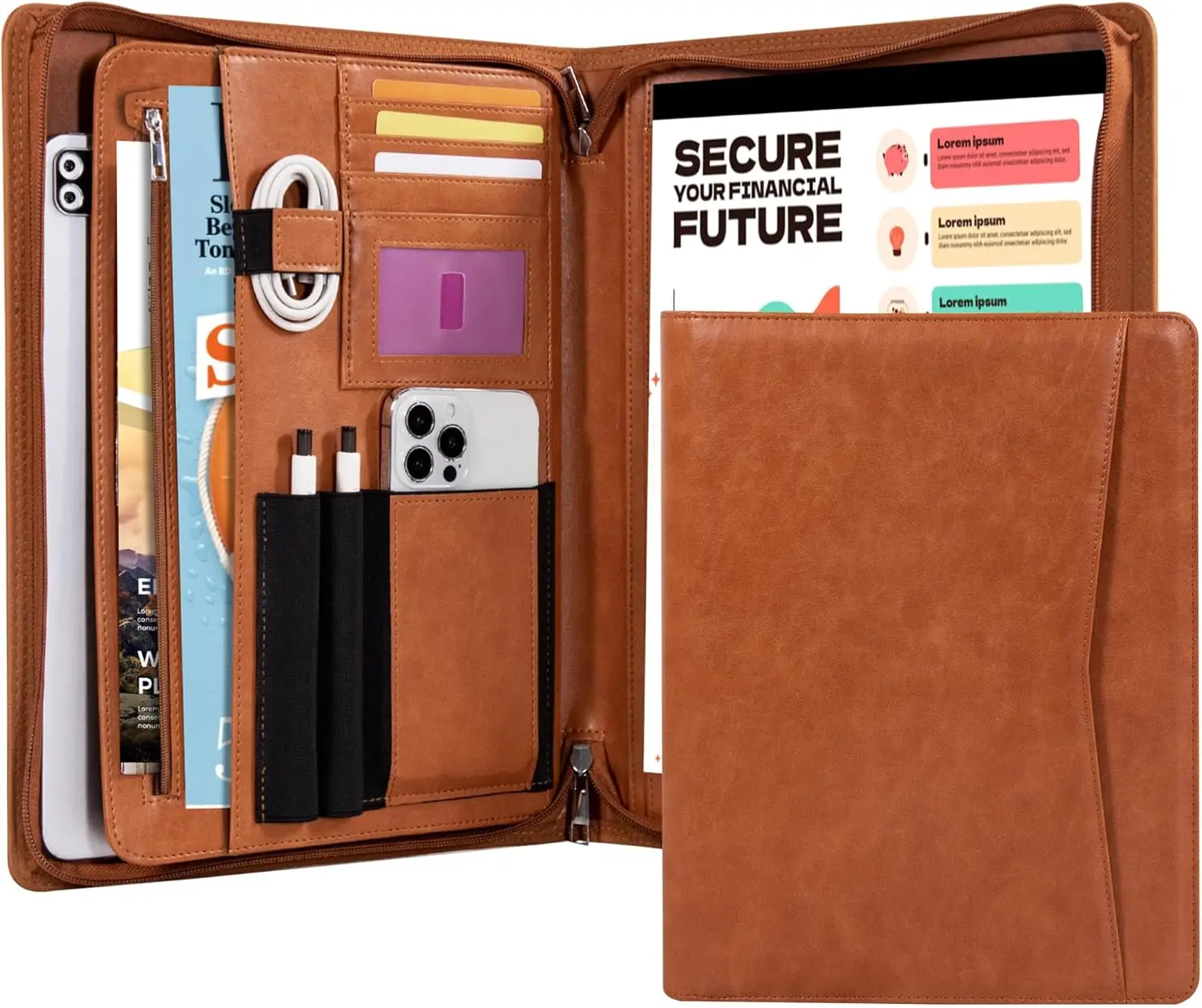 

Leather Padfolio with Zipper, Portfolio Binder for Women and Men, Business Organizer for Ipad, Resume, Notebook