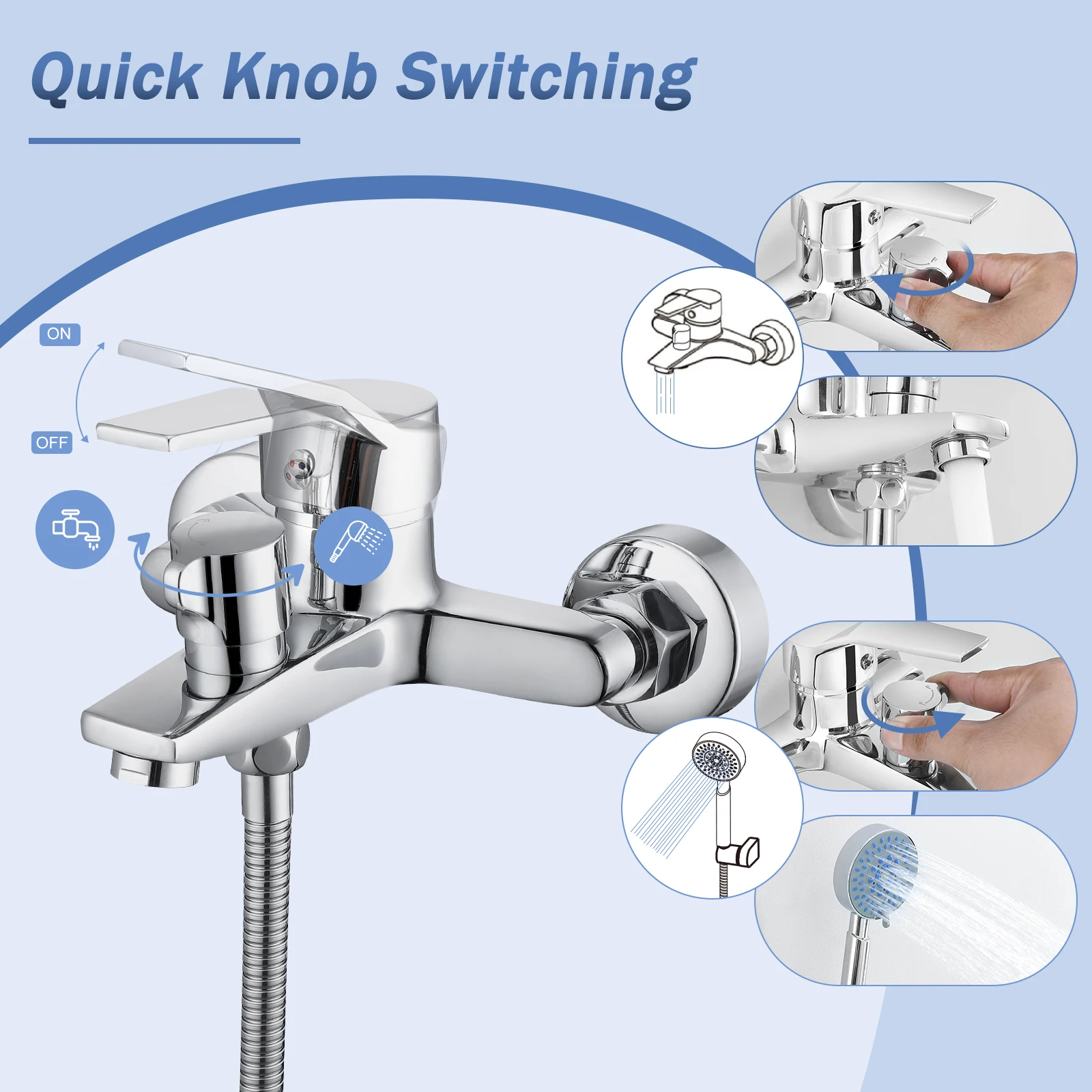 Oeegoo Badewannenarmatur mit Handbrause, Messing-Mischbatterie für Badewanne mit 5 Funktionen, inklusive Wandhalterung und 150 cm Duschschlauch – Detail 5