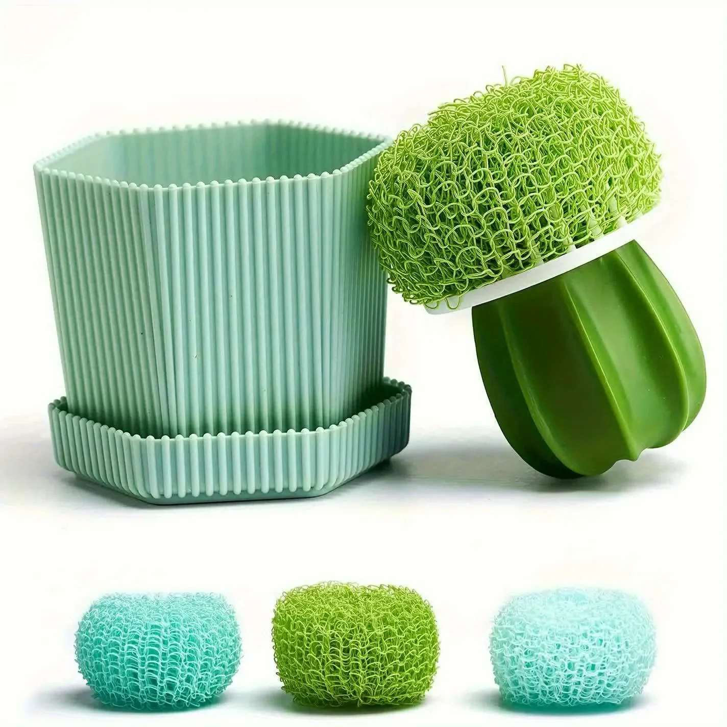 5pcs Cactus Mini Cleaning Brush Set (With Drip Tray) – One Handle with Three Replacement Brush Heads, Plus a Drip Tray And Base