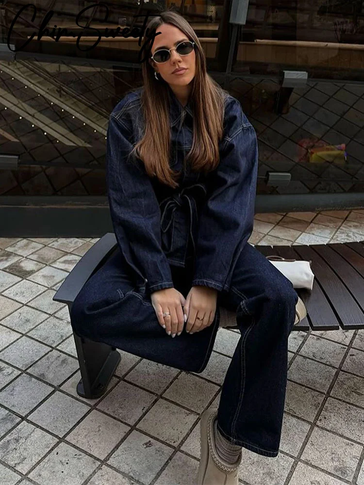 النساء قطعتين مجموعة الدنيم بانت مجموعات واحدة الصدر طويلة الأكمام حزام معطف واسعة الساق السراويل الجينز الإناث 2 قطع وتتسابق