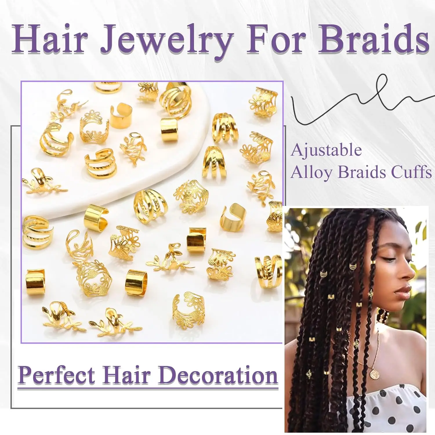 90 Stück goldene Dreadlock-Locs-Haarschmuck für Zöpfe, Haarschmuck für Zöpfe, Haarringe für Frauen und Mädchen, verstellbare Manschetten – Detail 1