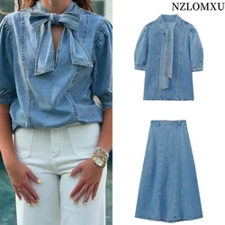 2025 Women Blouse Fashion New Bowtie Neckline Denim Shirt Casual Loose Fitting Long Sleeves Woman Blouses And Shirts Top