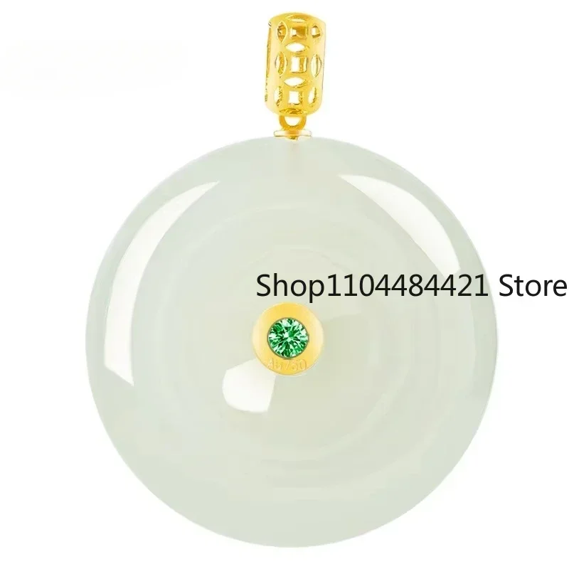 High-grade Natural Hotan White Jade Peace Button Pendant 18K Gold Inlaid Exquisite Fashion Women's Necklace Holiday Gift
