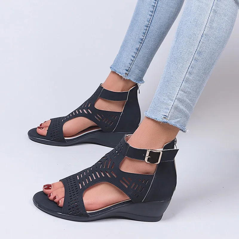 Summer Women\'s Wedges Sandals Hollow Ladies High Heels Fashion Solid Color Buckle Strap Female Sandalias Platform Roman Sandals