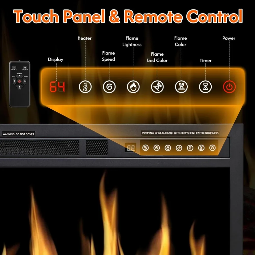 ZAFRO 34-Inch Electric Fireplace Insert: Touch Screen, Realistic Flame, Firewood Look, Heater with Remote Control, Auto On/Off F