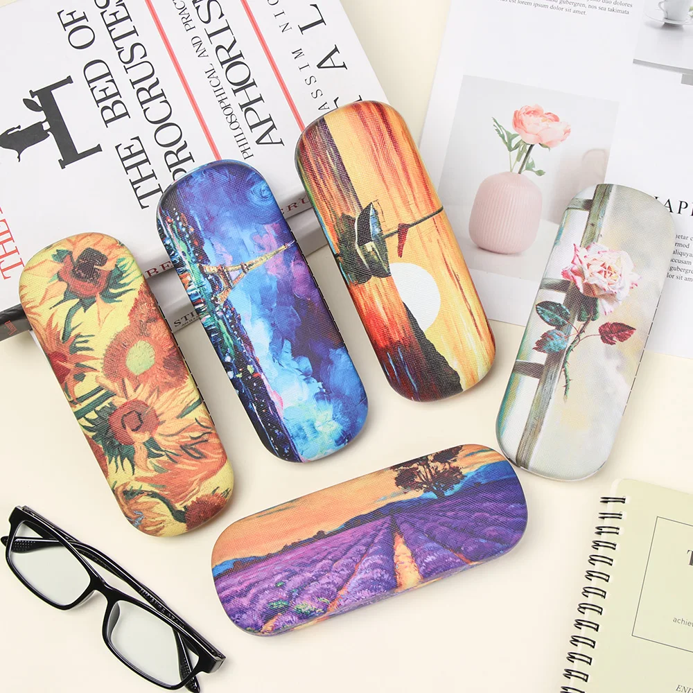 Fashion Oil Painting Art Glasses Case Box Hard Leather Reading Glasses Case Retro Floral Print Eyewear Protector Glasses Holder