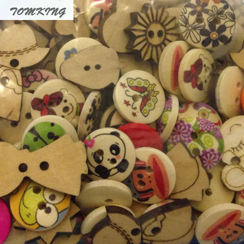 New Fashion Cute Wooden Buttons Round 100pcs/lot Mixed Painted Design Pattern Decoration Clothing Accessories Sewing Scrapbook