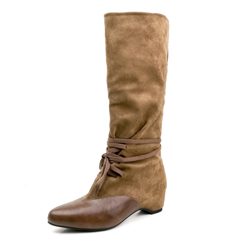 Retro Women Long Boots Pointed Toe 5cm Heeled Knee High Shoes Women New Chelsea Boots Patchwork Lace Up Botas Mujer WSH5866