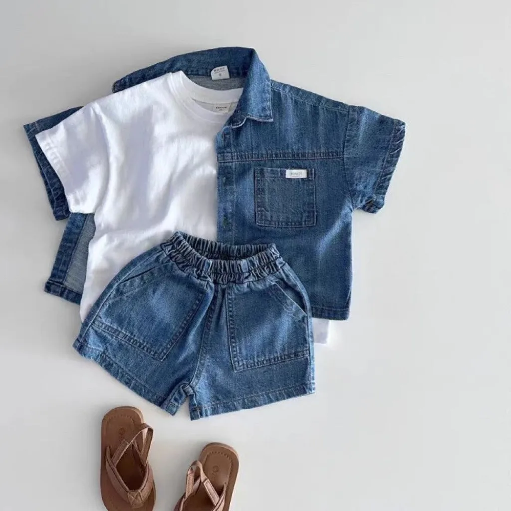 Conjunto jeans de manga curta para bebê, shorts e cardigã infantil, roupas versáteis e respiráveis para menino e menina, novo, verão, 2 peças, 2024