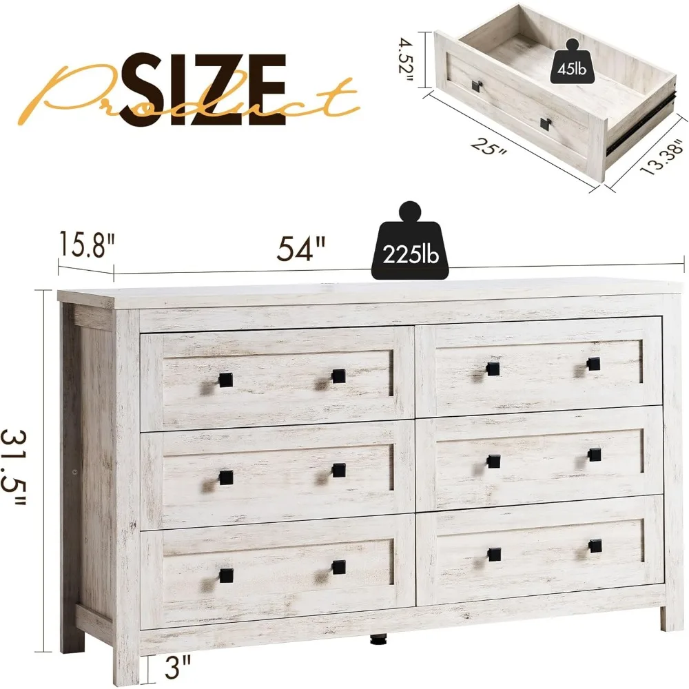 

6 Drawers Dresser for Bedroom, 54" Farmhouse Wood Chest of Drawers with Vintage Grain Texture, Drawer Double Dresser