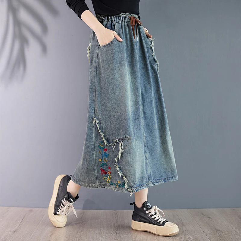 NYFS Embroidery Vintage Woman Skirt High Waist Loose Casual Fat MM Denim Long Skirt