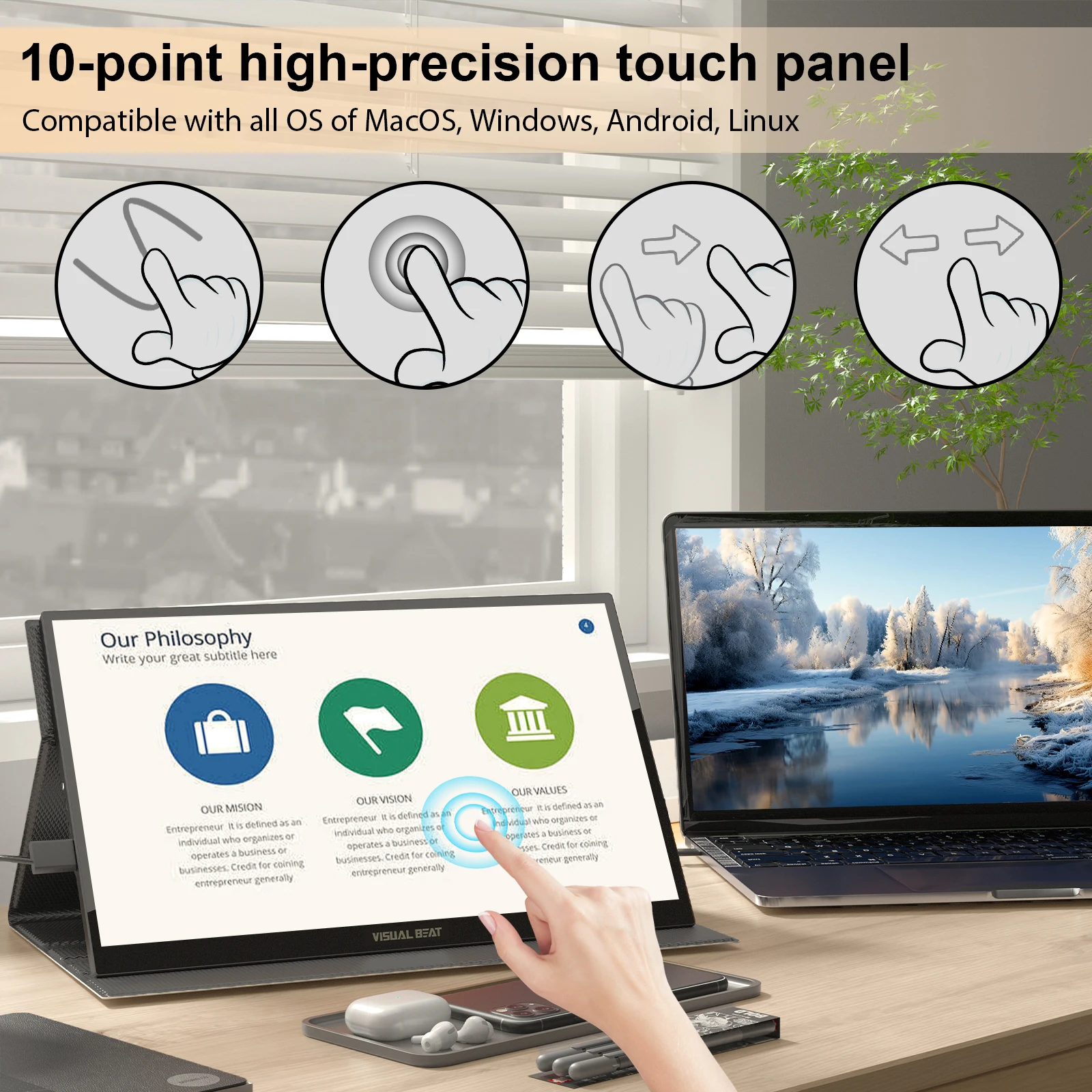 Imagem -02 - Visual Beat-monitor Portátil Touch Screen 17.3 1080p Fhd Ips Usb-c Display com Usb 2.0 Hdmi Alto-falantes Duplos para Laptop pc