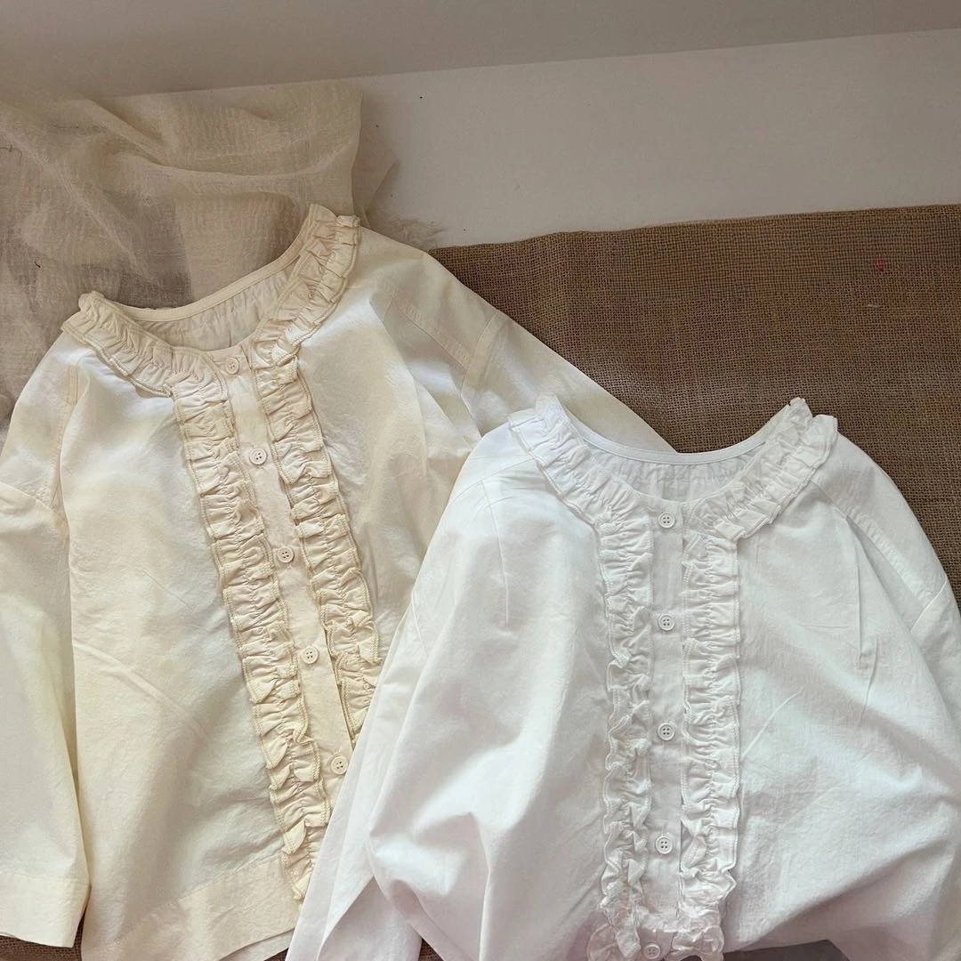 

White shirt for Girls blouse 2025 Autumn Korean Foreign Style Lace kids tops