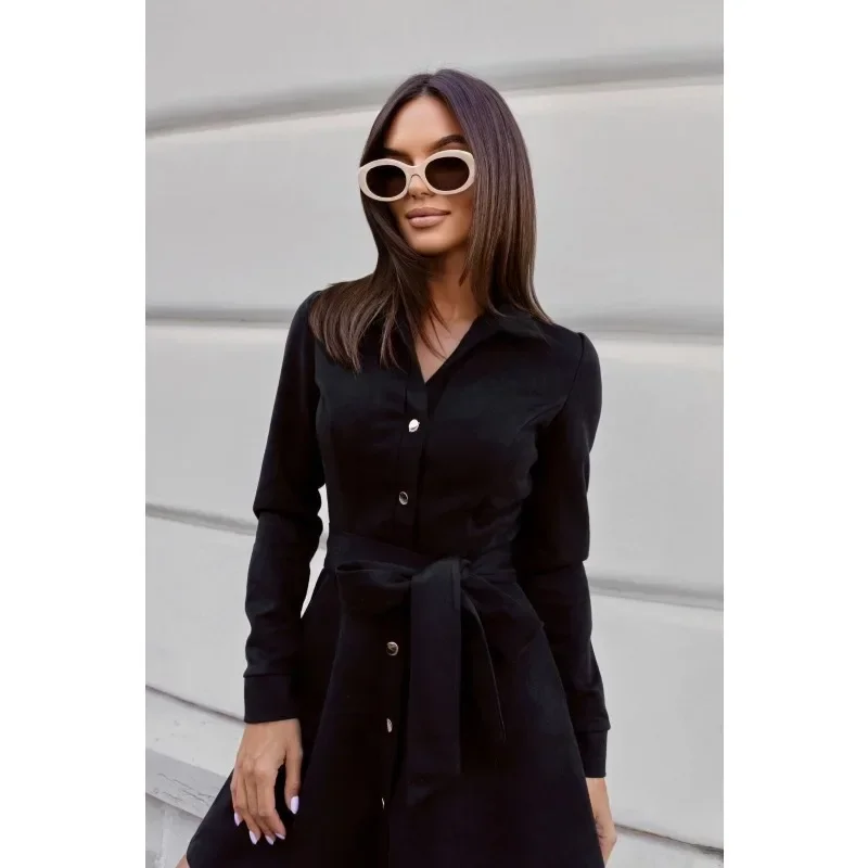 Mini abito da donna alla moda a maniche lunghe in tinta unita, casual, monopetto, con lacci, camicia sottile, streetwear