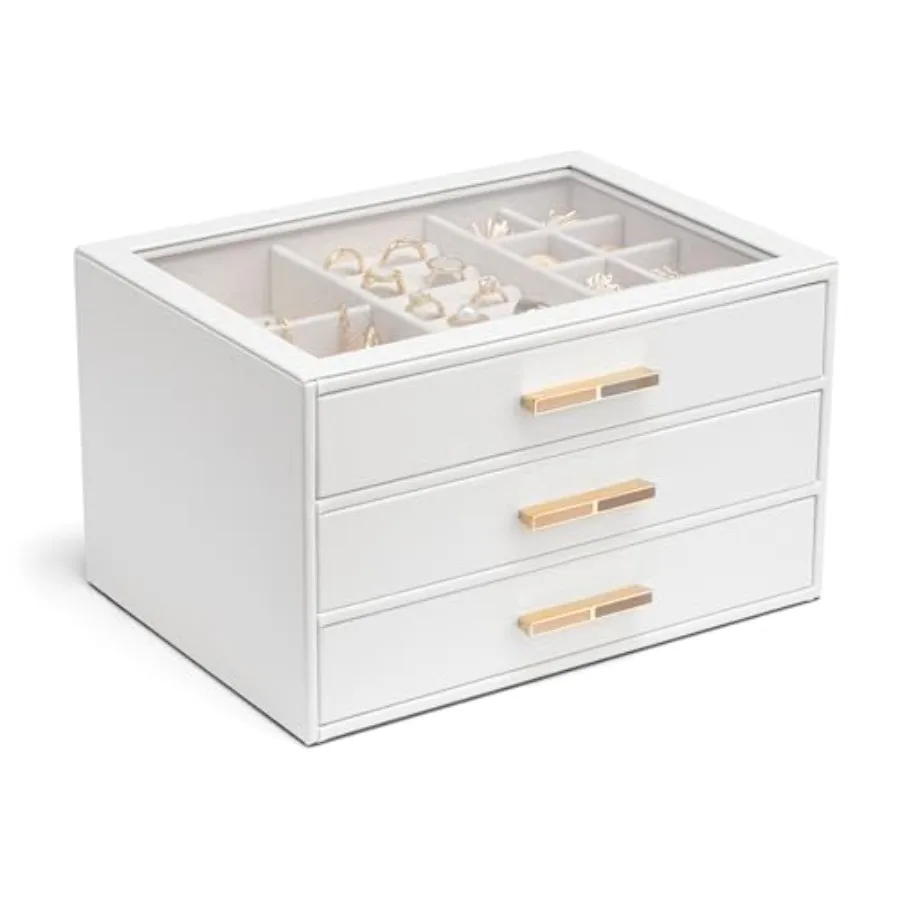 

Шкатулка для драгоценностей с 3 ящиками и стеклянной крышкой. Органайзер из искусственной кожи для колец, серег, ожерелий и более готовый подарок футляр для ювелирных изделий для Wo.