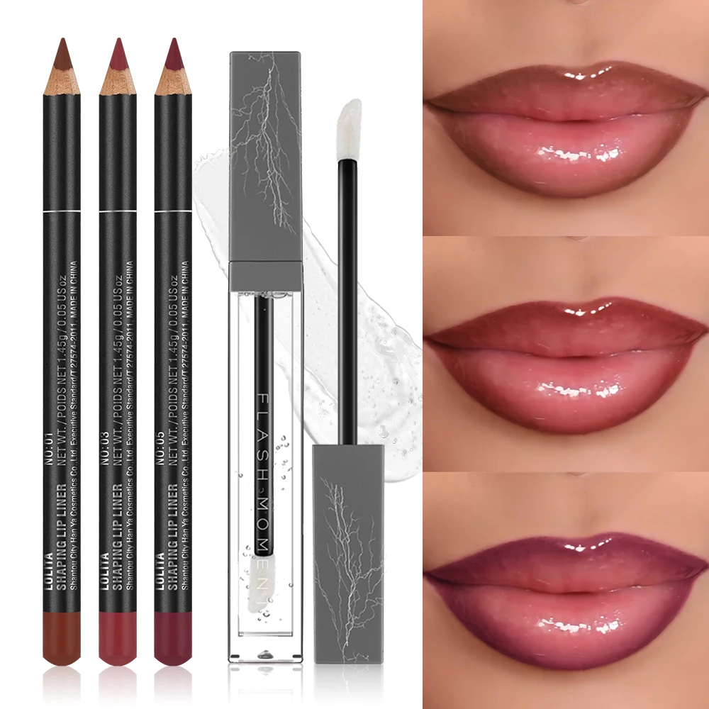 Ensemble de 4 crayons à lèvres et d'huile pour les lèvres – Doublures à lèvres lisses pour les contours définis et les huiles à lèvres hydratantes pour une brillance luxueuse – Parfaite