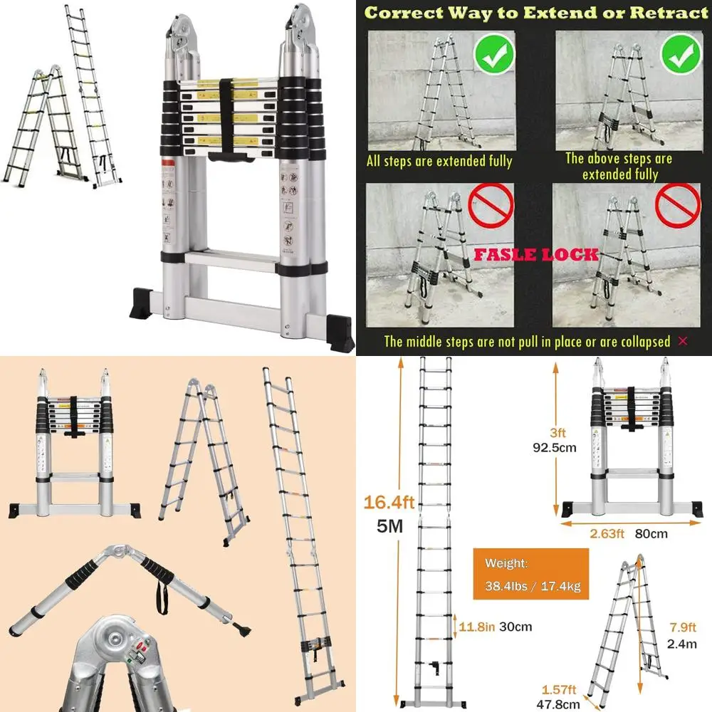 

Aluminum Telescoping Extension Ladder 16.5FT 330lbs Capacity Lightweight A-Frame Folding Portable Multi-Purpose Support for Vari