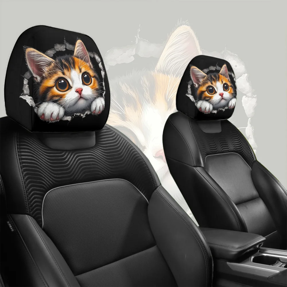 2 pieces, wall cat car headrest covers, car interior decoration, elastic and easy to install - washable for all car models