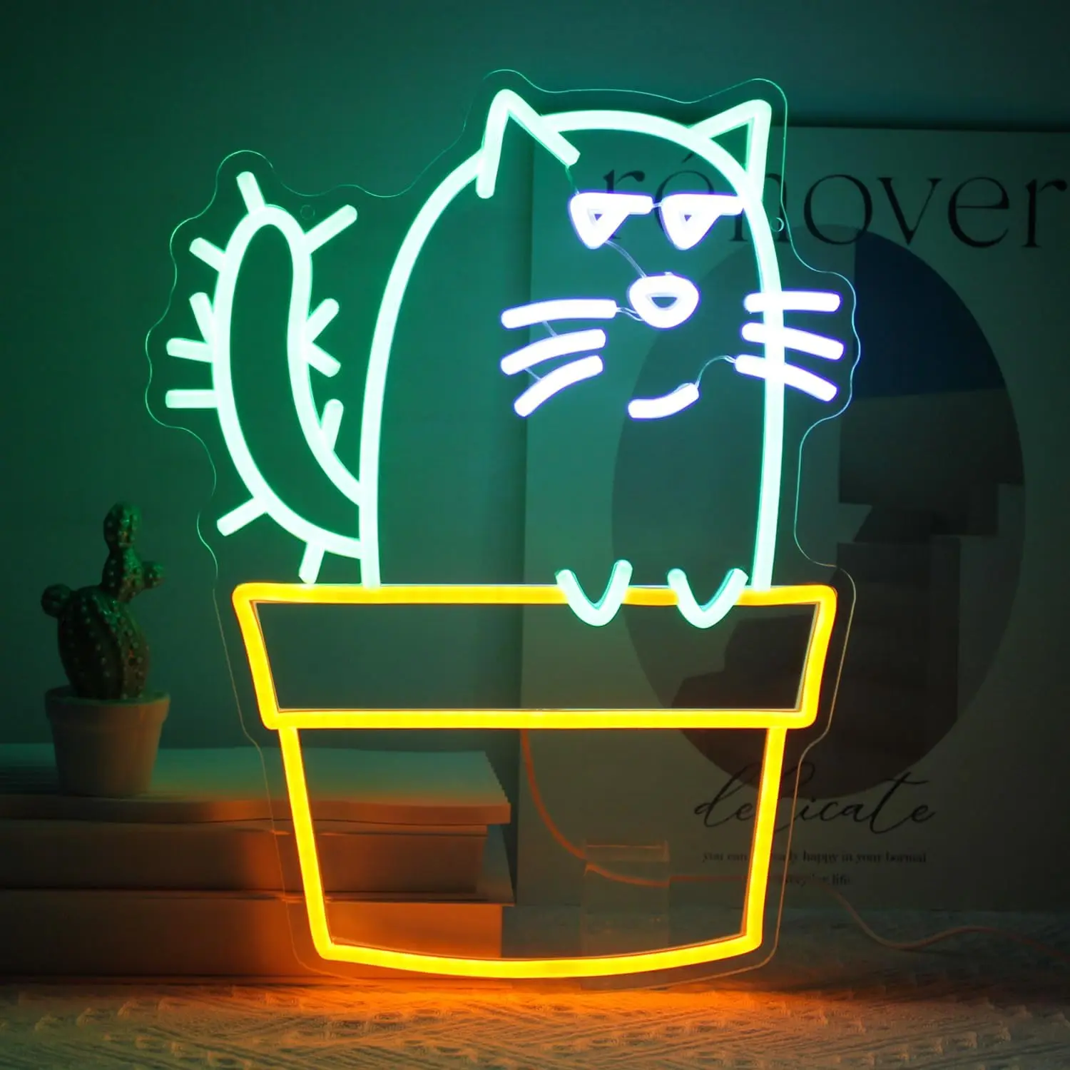 

Cactus Cat Neon Sign Funny Animal for Wall Dimmable Cartoon Neon Lights Signs for Bedroom Man Cave Porch Party Decor USB Powered
