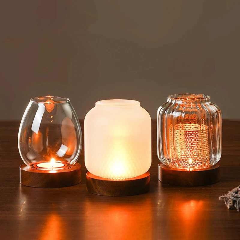 Vintage Wooden Candle Holder With Glass Cover,Retro Aromatherapy Lantern For Hotel Bar Party,Home Decor Candlestick