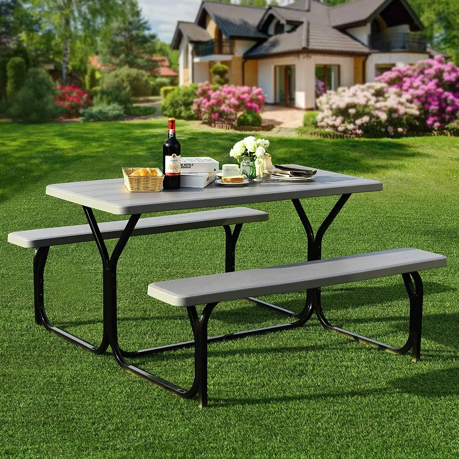 Hysache Picnic Table Bench Set, Patio All Weather Metal Base Camping Table Set w/Wood Texture Tabletop, Steel Frame, Large Campi