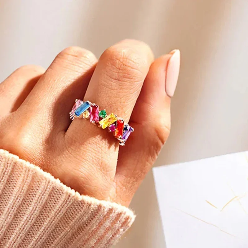 Huitan Bright Rainbow Cubic Zirconia Ring Women Fashion Summer Jewelry Young Lady Dainty Gift Accessories Jewelry image 4