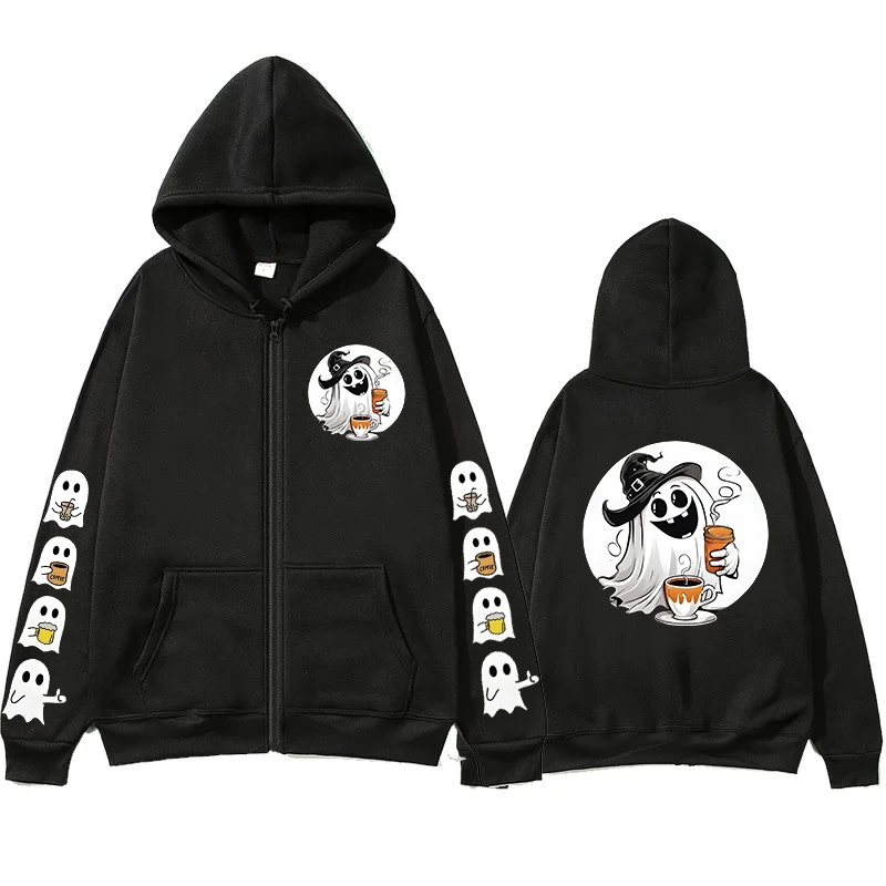 Spooky Boo Ghost Print Zipper Men Women Hoodie Fashion Halloween Party Graphic Casual Zip Up Outerwears Coats Fleece Sweatshirts