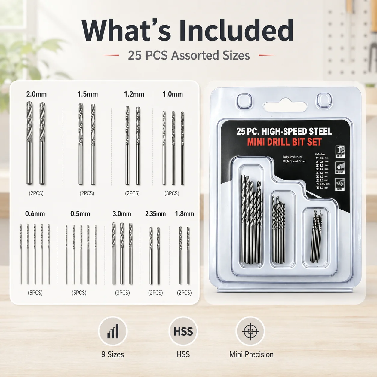 25Pcs HSS Mini Twist Drill Bit Set 0.5-3.0mm Straight Shank Precision Drilling Bits with Storage Case for Wood Plastic Resin Sof