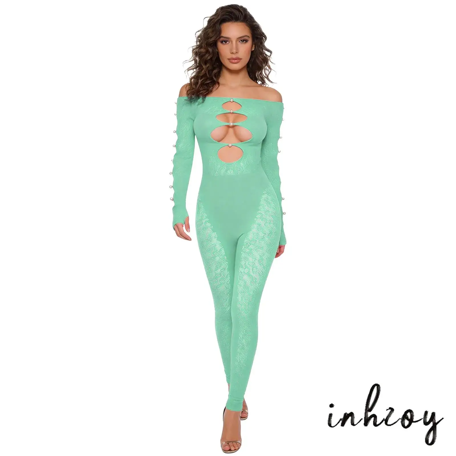 

Women Off-Shoulder Cutout Jumpsuit Long Sleeve Artificial Pearls See-Through Stretchy Bodysuit for Club Music Festival Party