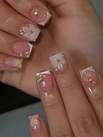 24pcs Short Square White French Flower Acrylic Press-On Nails, Cute Chrome Alloy Gel Manicure Nail Tips, Nail Art Supplies Set (Includes: 1pc Jelly Gel, 1pc Nail File), Suitable For Women Daily, Date, Party