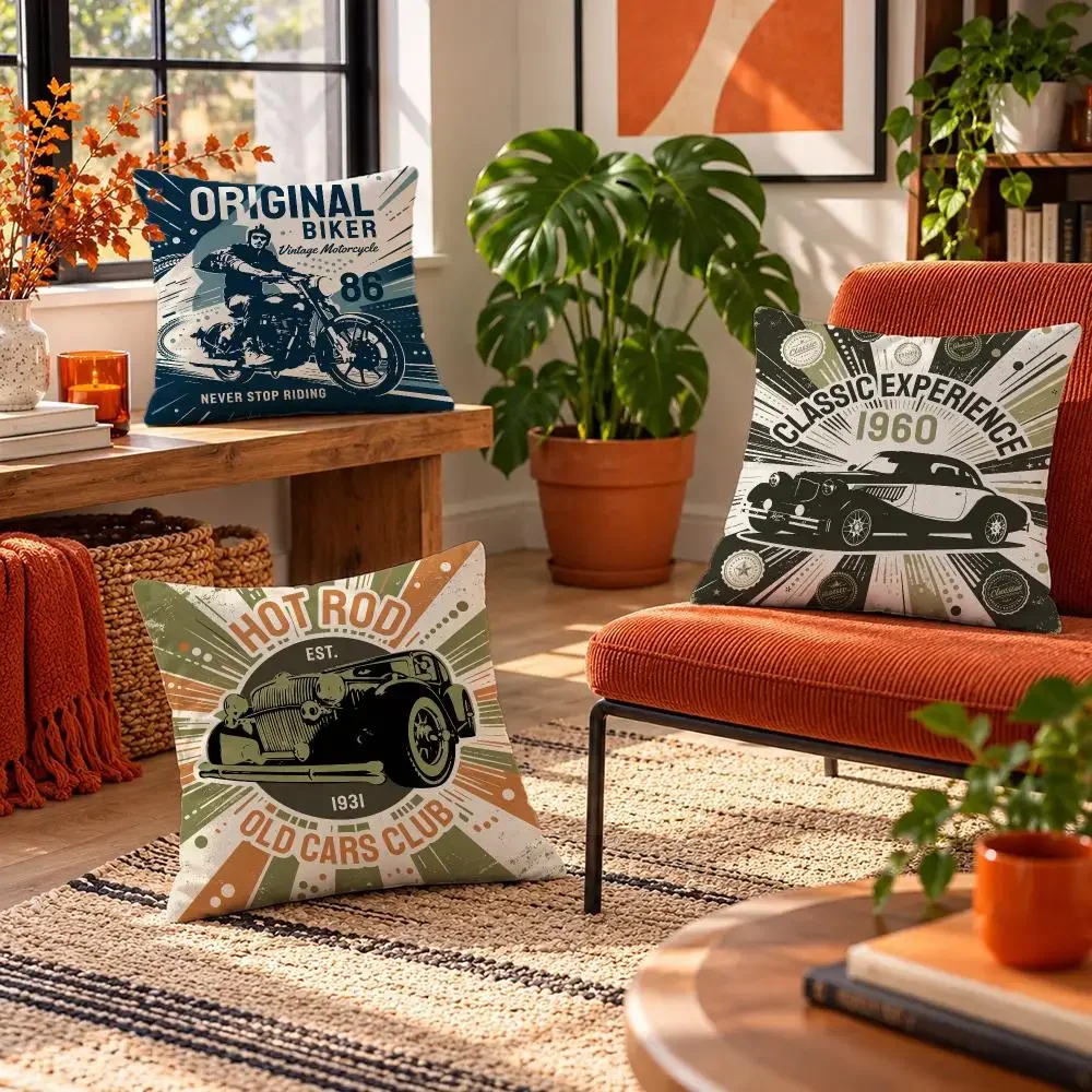 art Retro Motorcycle Club Badge Cushion Cover Short Plush Throw Pillow Cover Soft Cozy Cushion Case for Sofa Bedroom Home Decor
