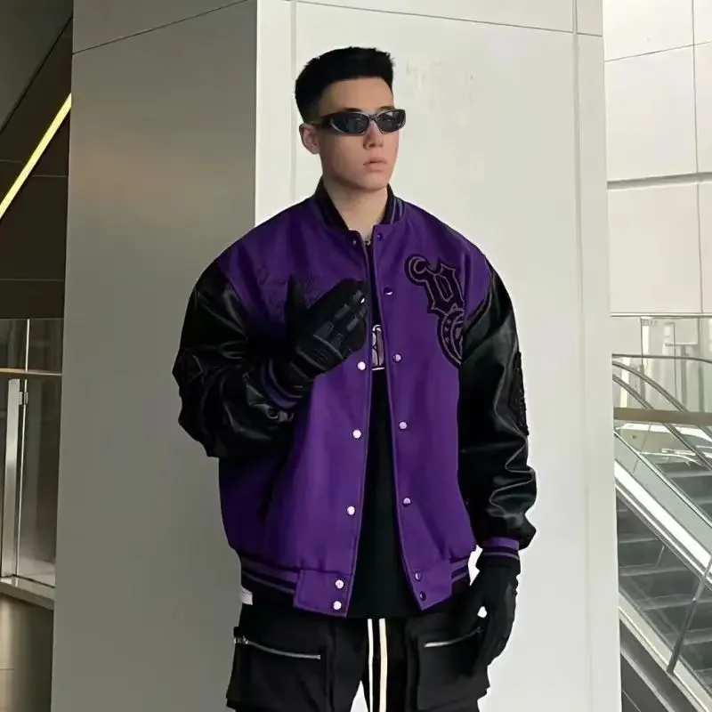 Jacket Men Purple Baseball Jackets Embroidery PU Leather Sleeves Spring Autumn Women Bomber Coat