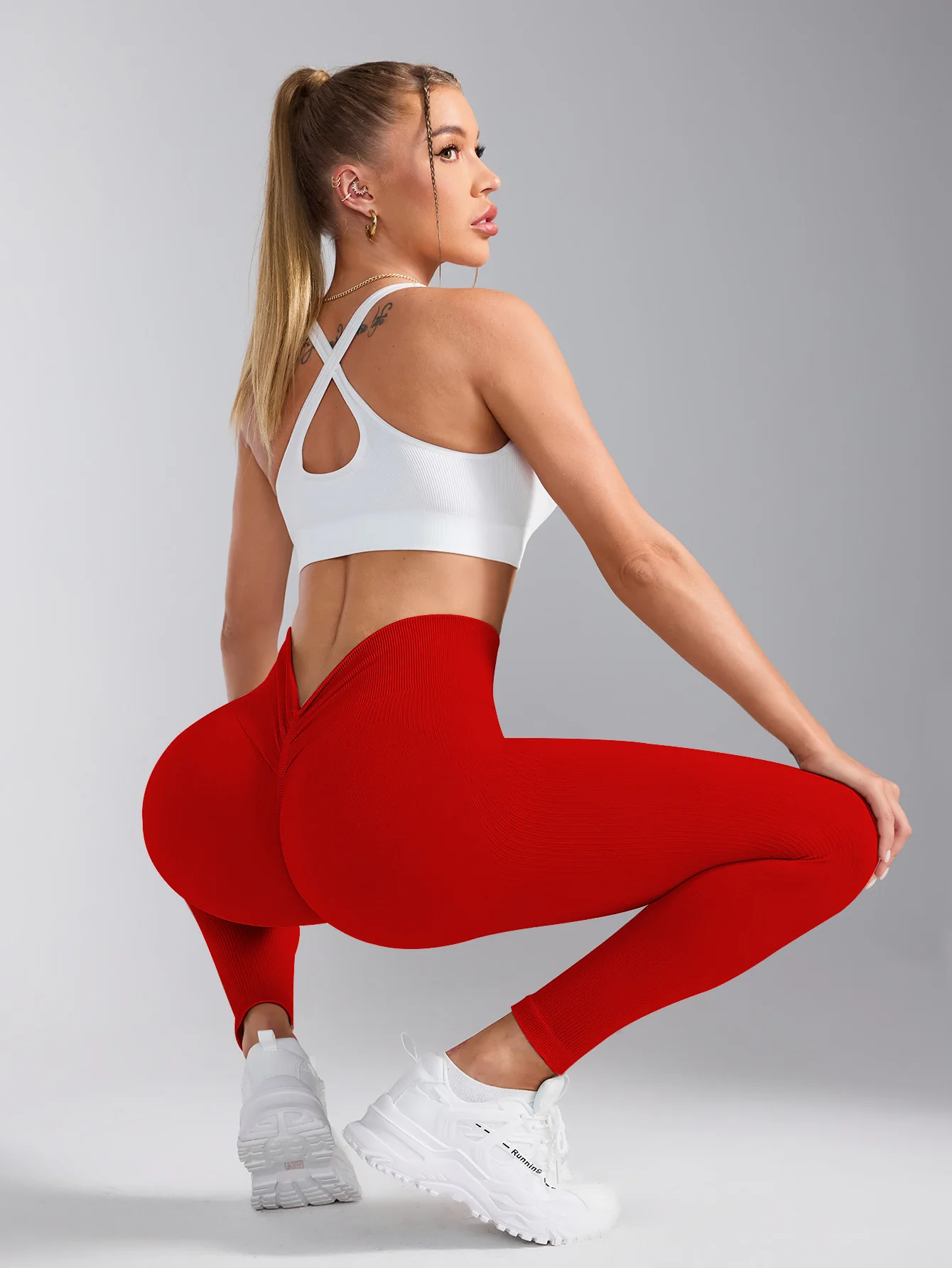 Yoga-Leggings mit V-Rücken und hoher Taille, nahtlose Strickstrumpfhose für Damen, schnell trocknend, Po-Lifting, modische, schlanke, hochelastische Leggings – Detail 22