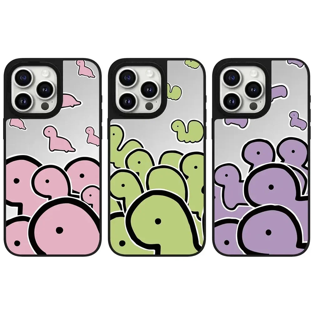 

Cute Dinosaur Mirror Magnetic iPhone 11 12 13 14 15 16 Pro Max Protective Case with MagSafe