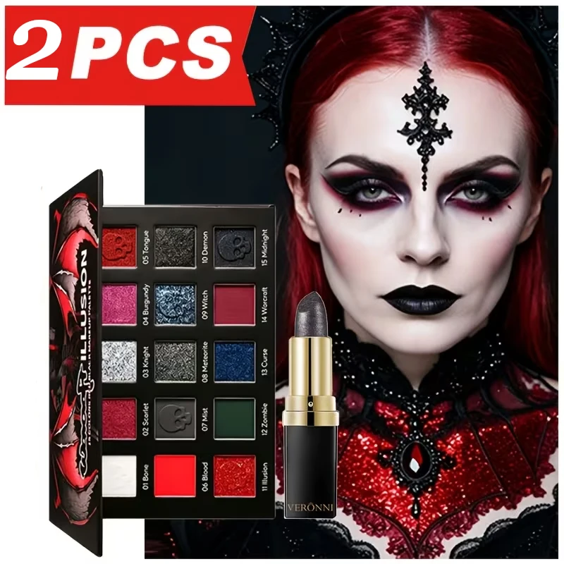 2 PCS Fifteen-color Gothic Rose Shimmer Eyeshadow and black lipstick, A Fine Glitter Non-removable Eyeshadow Palette