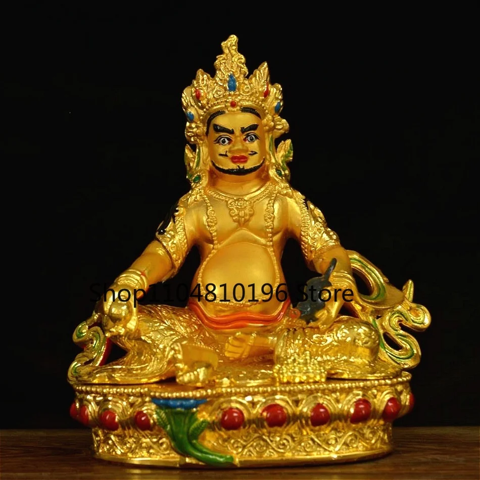 Antique Copper Nepal Gilded Tibetan Buddhism Tantric Buddha Statue Painted Yellow Jambhala Feng Shui Auspicious Wealth Ornament
