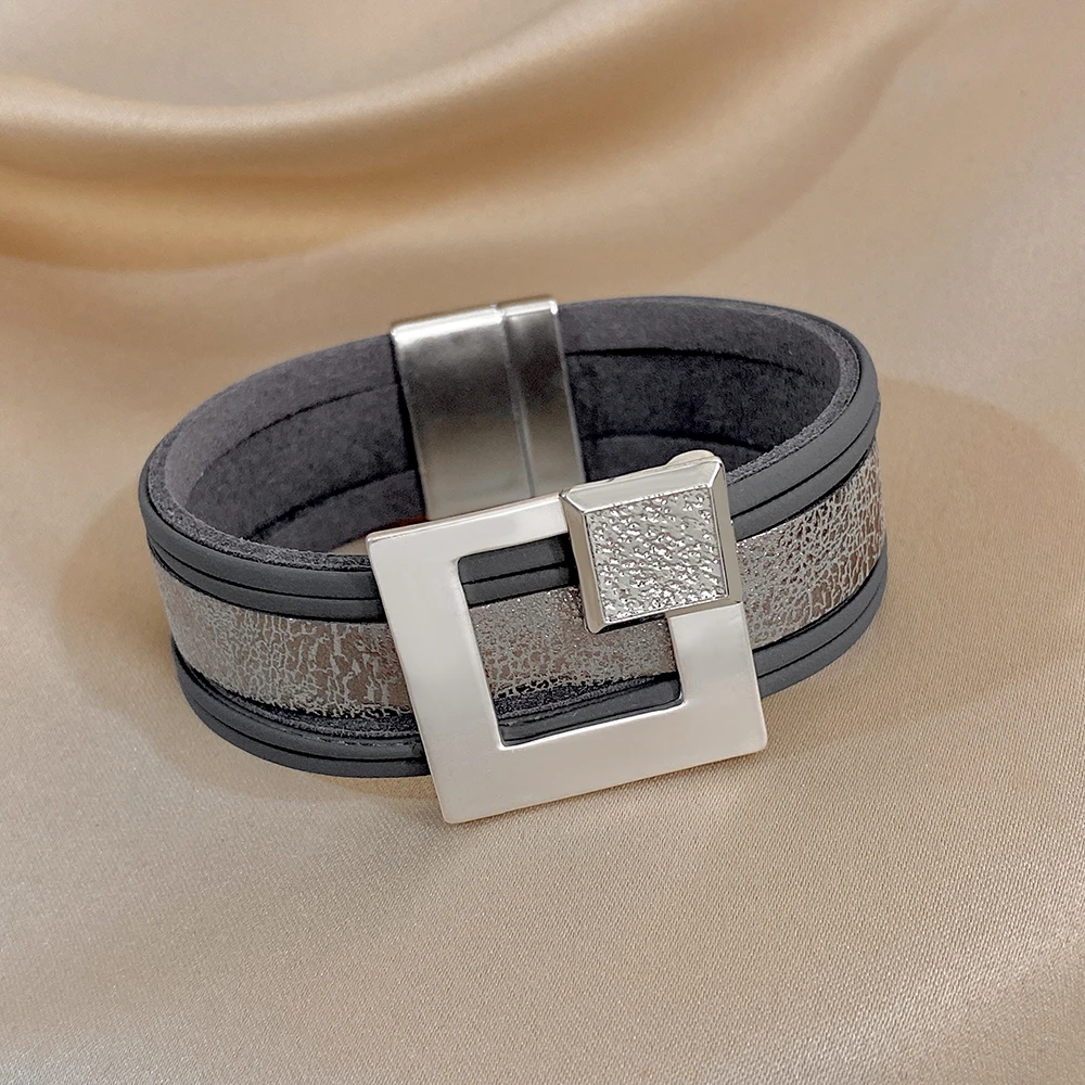 Amorcome Minimalist Grey Leather Bracelet for Women Men Vintage Magnetic Buckle Wrap Wide Bracelet High Quality Jewelry Gifts